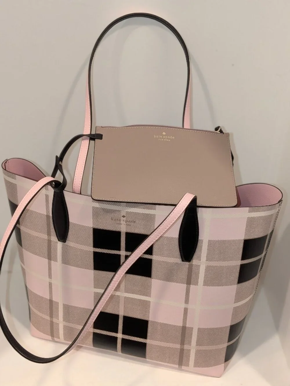 Kate Spade Arch Woodland Plaid Large Reversible Tote + Detachable Wristlet EUC